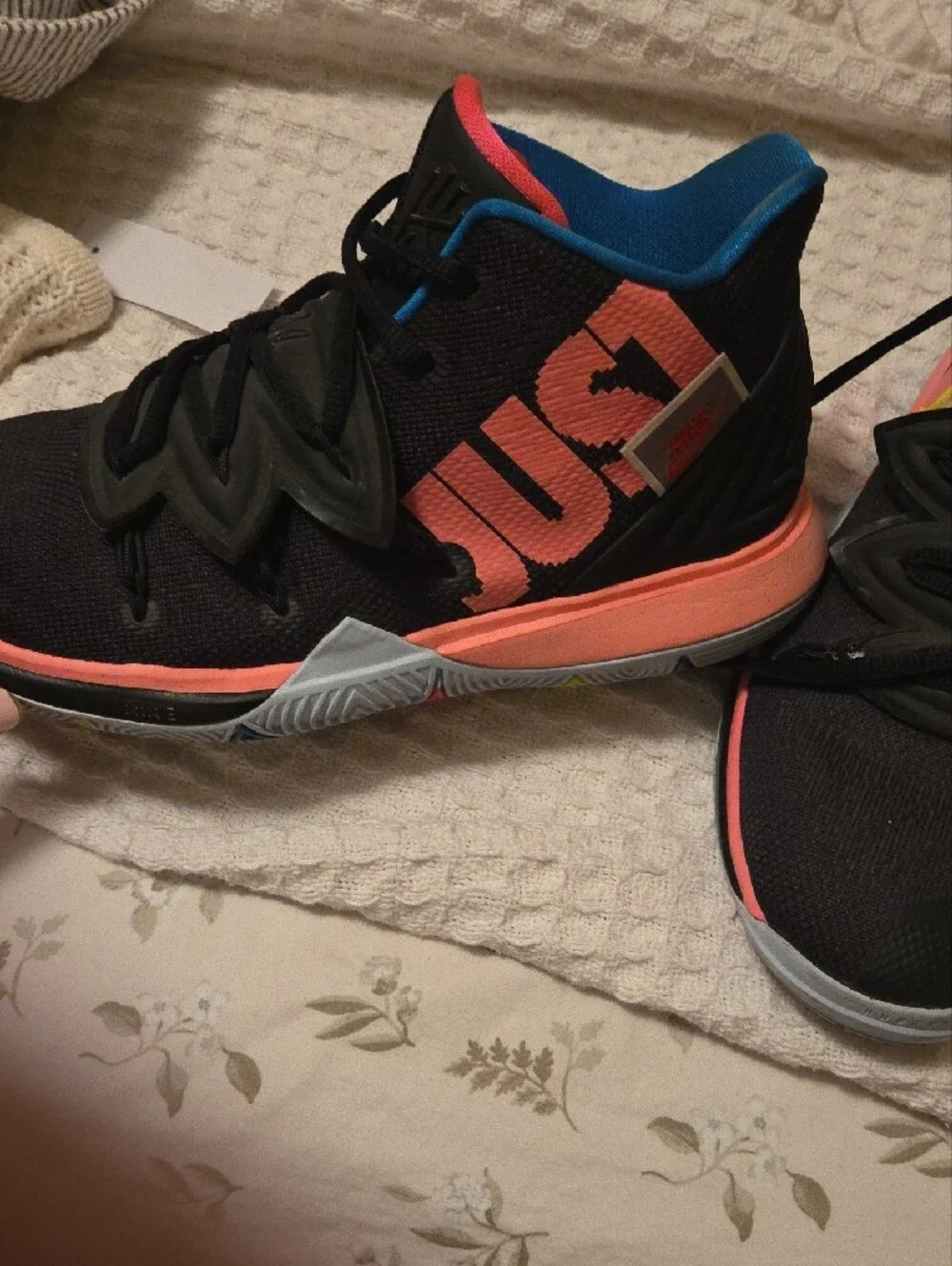 Nike  KYRIE 5 Kids Black Sneakers with Blue Interior and Coral Accents